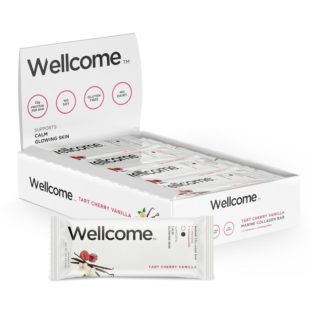 Wellcome Tart Cherry Vanilla Marine Collagen Protein Bar s Ashwagandha a L-Theanine - Adaptogenní Snack Bar - Dairy Free Health Bar pro Functional Active Lifestyle (Pack of 12)