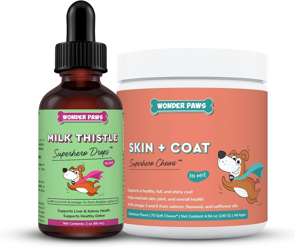 WONDER PAWS Milk Thistle Drops Plus kůže + Coat měkké Chews - pro psy Podpora jater a ledvin, Detox & Skin and Coat Health - Mléko Thistle 2 Ounces - Kůže + Coat 70 Chews
