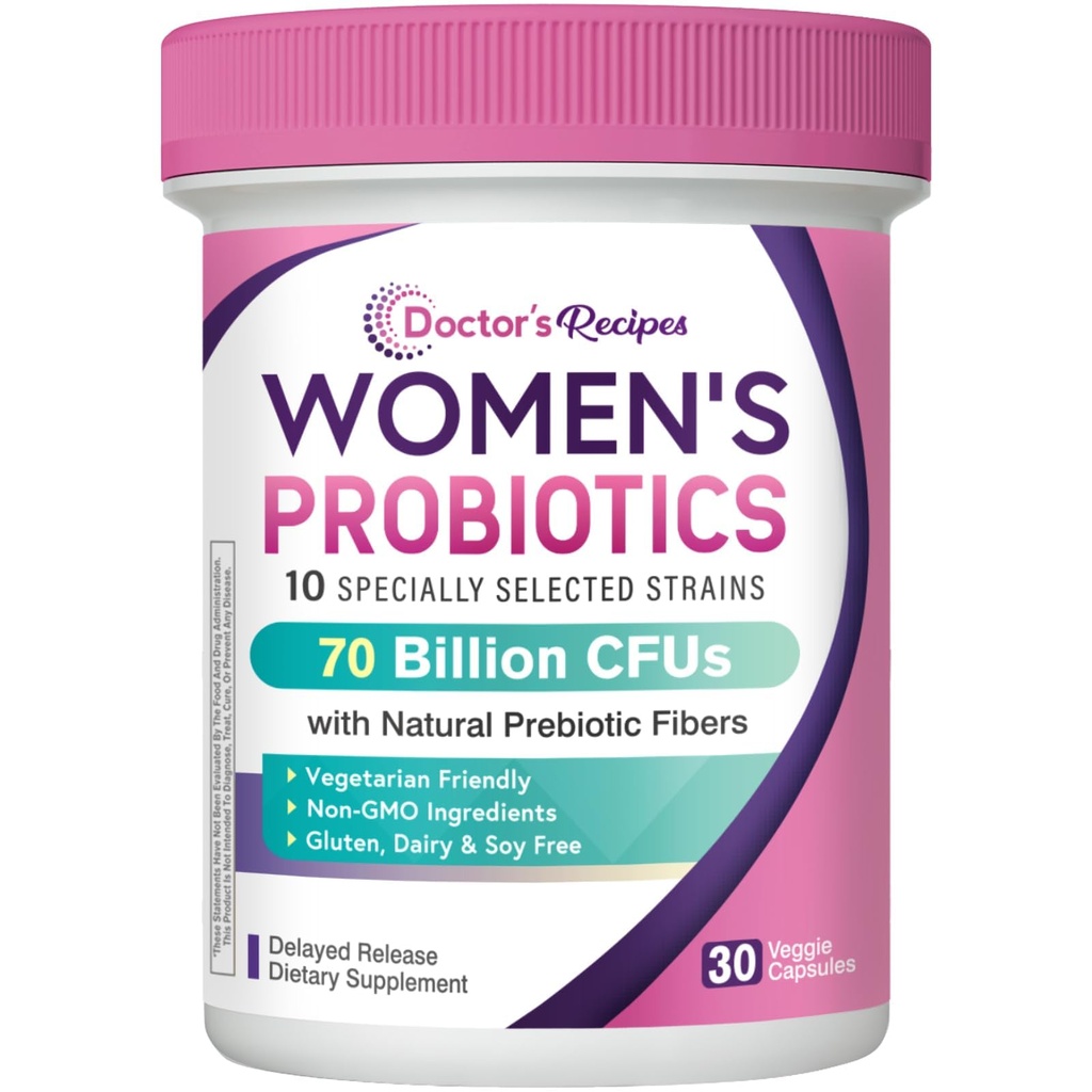 Lékařské recepty Probiotika pro ženy, Organic Prebiotics a Probiotika, 70 Miliardy CFU, 10 Strains, Stabilní, 30 Kapsle