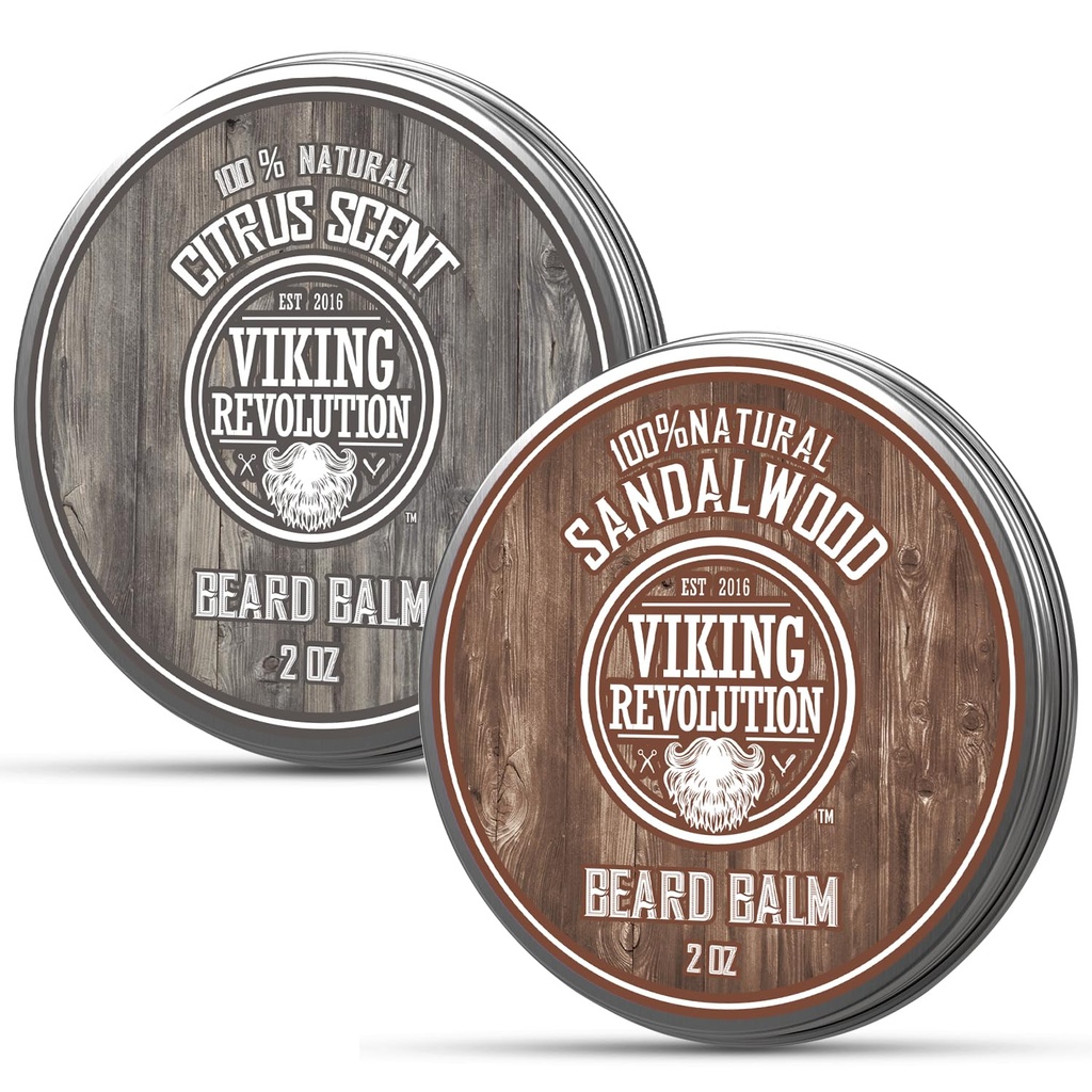 Viking Revolution Citrus and Sandalwood Beard Balm - Butter With Argan Oil, Softtener With Jojoba Oil, Moisturizer With Beeswax - Wax for men With Mango Butter (2oz, 2 Pack)
