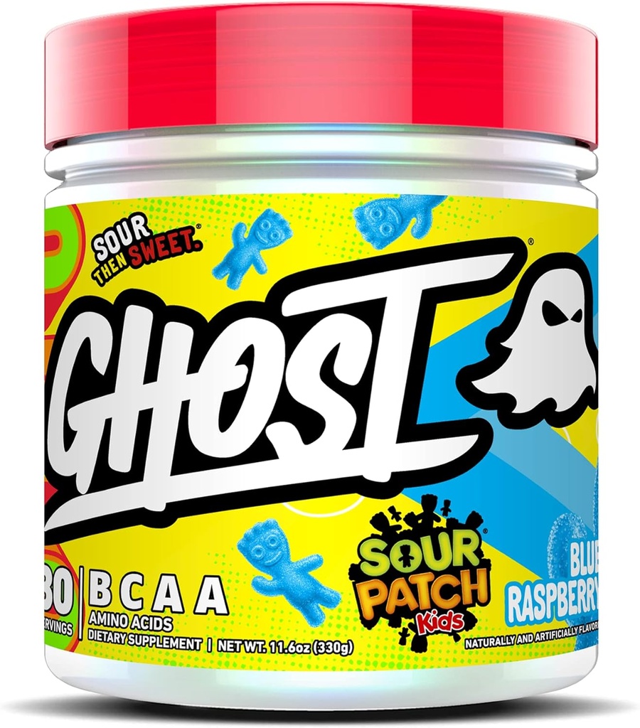 GHOST BCAA Powder Amino Acids Dodatek, Sour Patch Kids Blue Raspberry - 30 Servings - Sugar- Free Intra, Post & Pre Workout Amino Powder & Recovery Drink, 7G BCAA