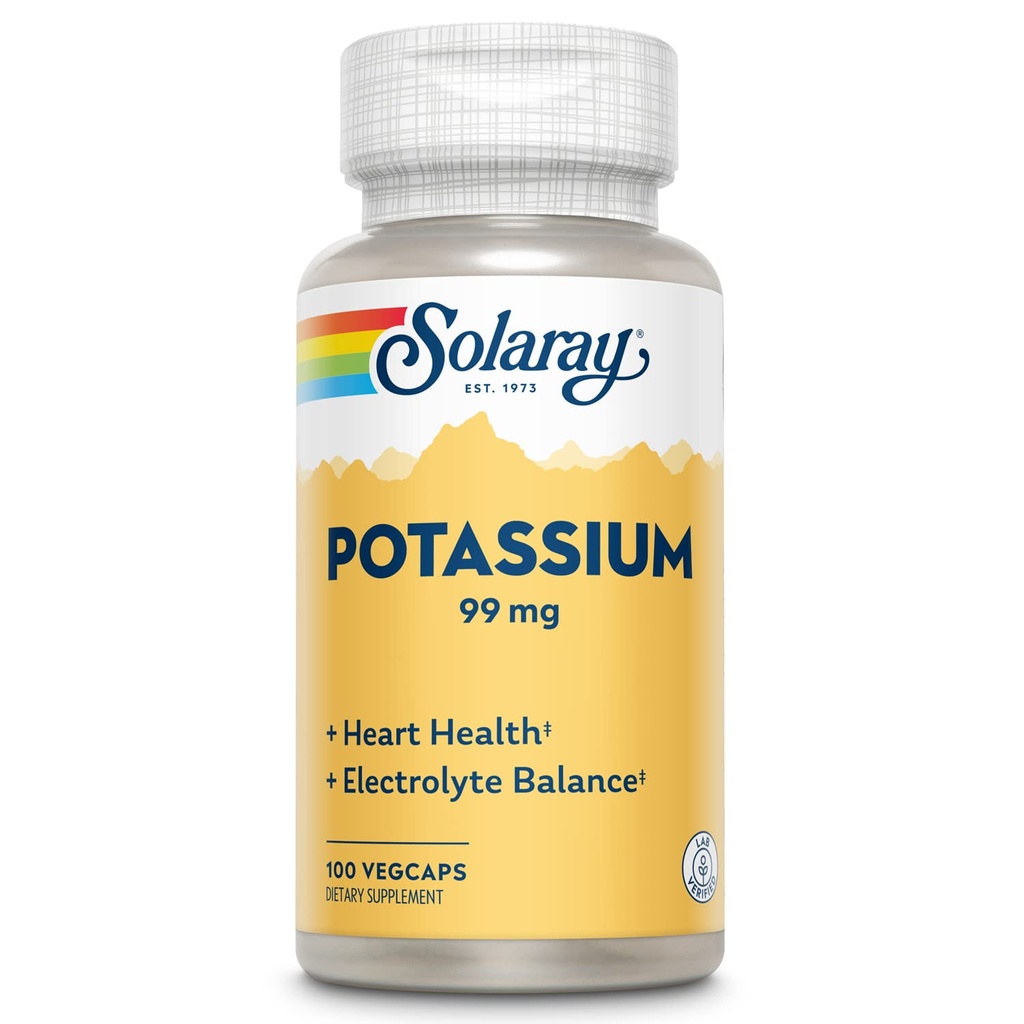 Solaray Draslík 99 mg - Electrolyte Balance Formule - Draslík dodatek pro elektrolyty, Cévní a srdeční zdraví - 60denní záruka vrácení peněz, Laboratoř ověřená, 100 Služeb, 100 VegCaps