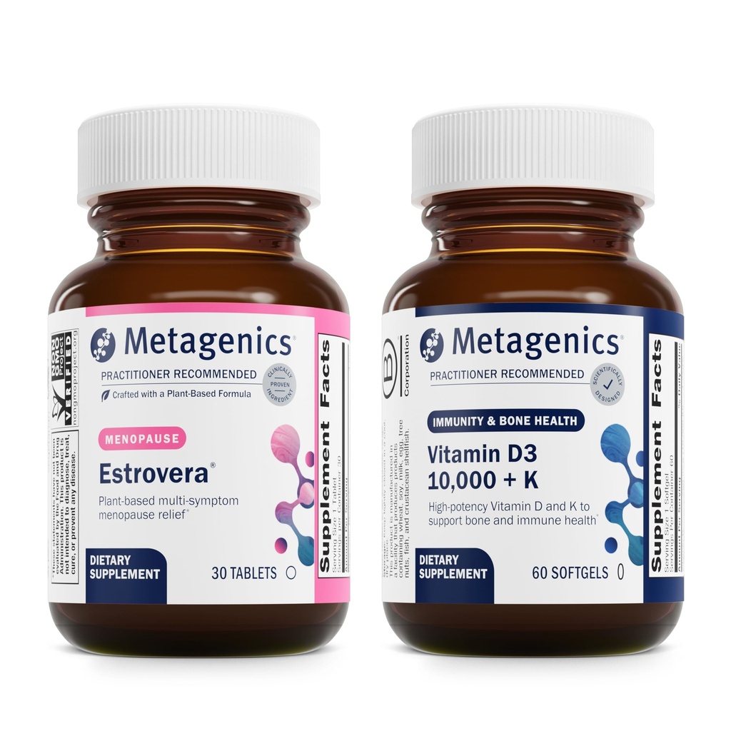 Metagenics Menopause Duo: HerWellness Estrovera - All-Natural, Hormone-Free Menopause Support Supplement - 30 Tablets & Vitamin D3 10,000 + K - for Bone & Heart Health - 60 Softgels