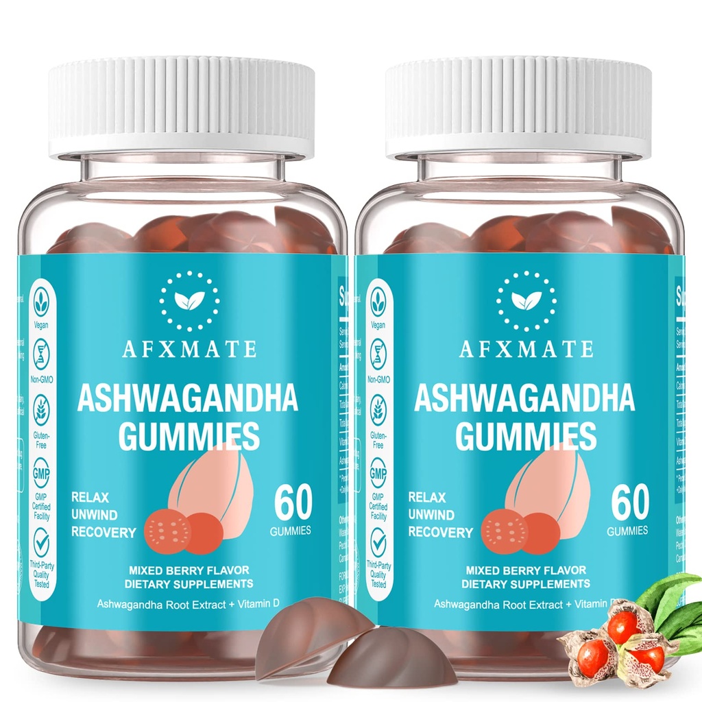 AFXMATE Ashwagandha Gummies & Vitamin D Gummies for Men & Women 120 Count Aswangdha dodatek (Non- GMO, cukr zdarma & gluten zdarma)
