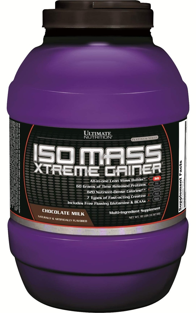 Ultimate Nutrition ISO Mass Xtreme Gainer, Váha Gainer Protein Powder with creatine, 60 Grams of Protein, Syrovátka izolát Protein Powder for Lean Muscle Gain, 10 LBS with 30 Servings, Chocolate
