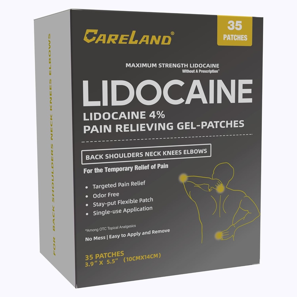 CARELAND 4% Lidokain Gel Patch, 35 Počítání Maximální síla bolest Záplaty pro svalovou úlevu v krku kolena zpět a ramena Nevoňavé Numbing Patch pro mýdlové nervy, Sponky
