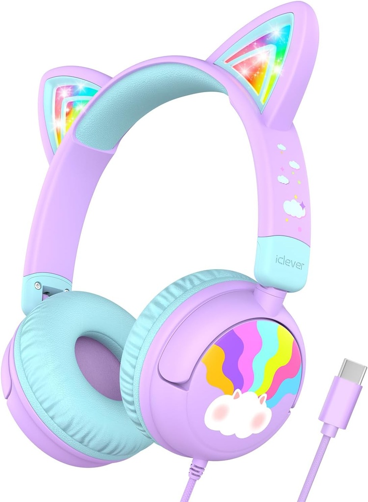 iClever Děti sluchátka USB C, LED Light Up, 85dBA Safe Volume, Stereo Sound Toddler sluchátka pro cestovní školy, Děti sluchátka s Cord pro iPad Tablety, Meow Lollipop -Purple