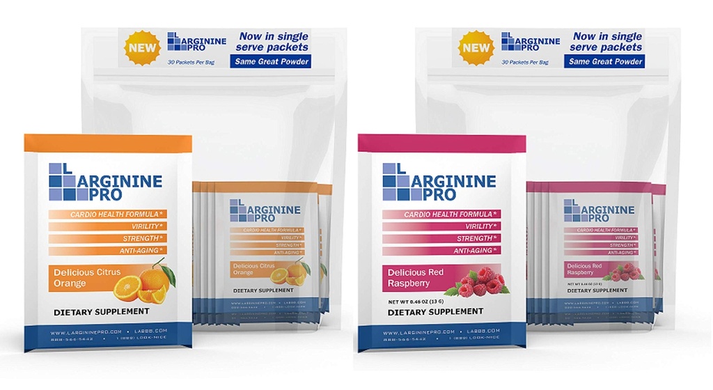 L-ARGINININE PRO dodatek prášek 124; 60 Packets Single Serve Travel Size 124; 5,500mg L-argininu Plus 1,100mg L-Citruline, Malina & Orange