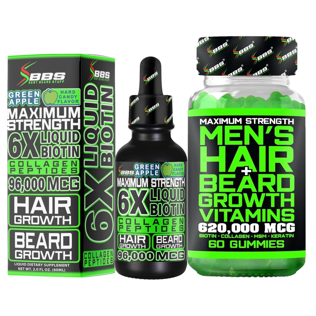 Beard Growth Kit w / 6X Tekutý BIOTIN doplněk s kolagen Peptides + 620,000mcg 14-in-1 BIOTIN Gummies / Beard Growth Vitamíny & Vlasové růstové Vitamíny pro muže - Vyrobeno v Americe