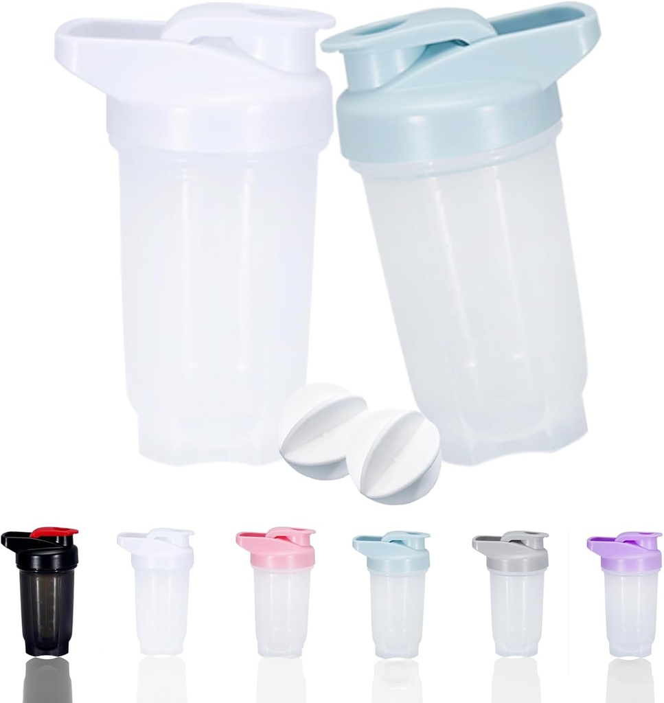 Třpytící se proteinový pohár a 10- Ounce / 300ML třepací láhev s whiskovými kuličkami, Sada proteinových třepaček, Non- BPA plast (bílá + modrá (2PCS))