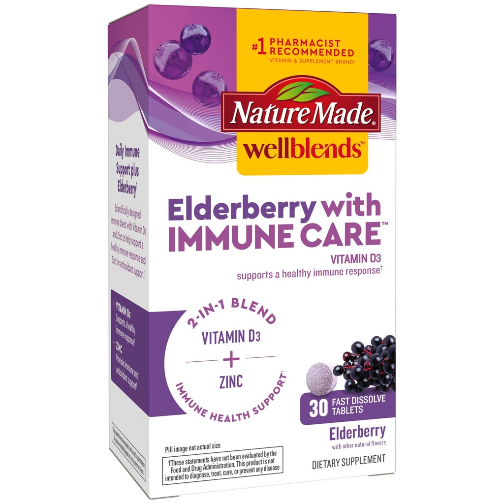 Nature Made Wellblends Elderberry s ImmuneCare, Vitamin D3 a zinek, s Elderberry Flavor, 30 Rychlé rozpuštění tablety
