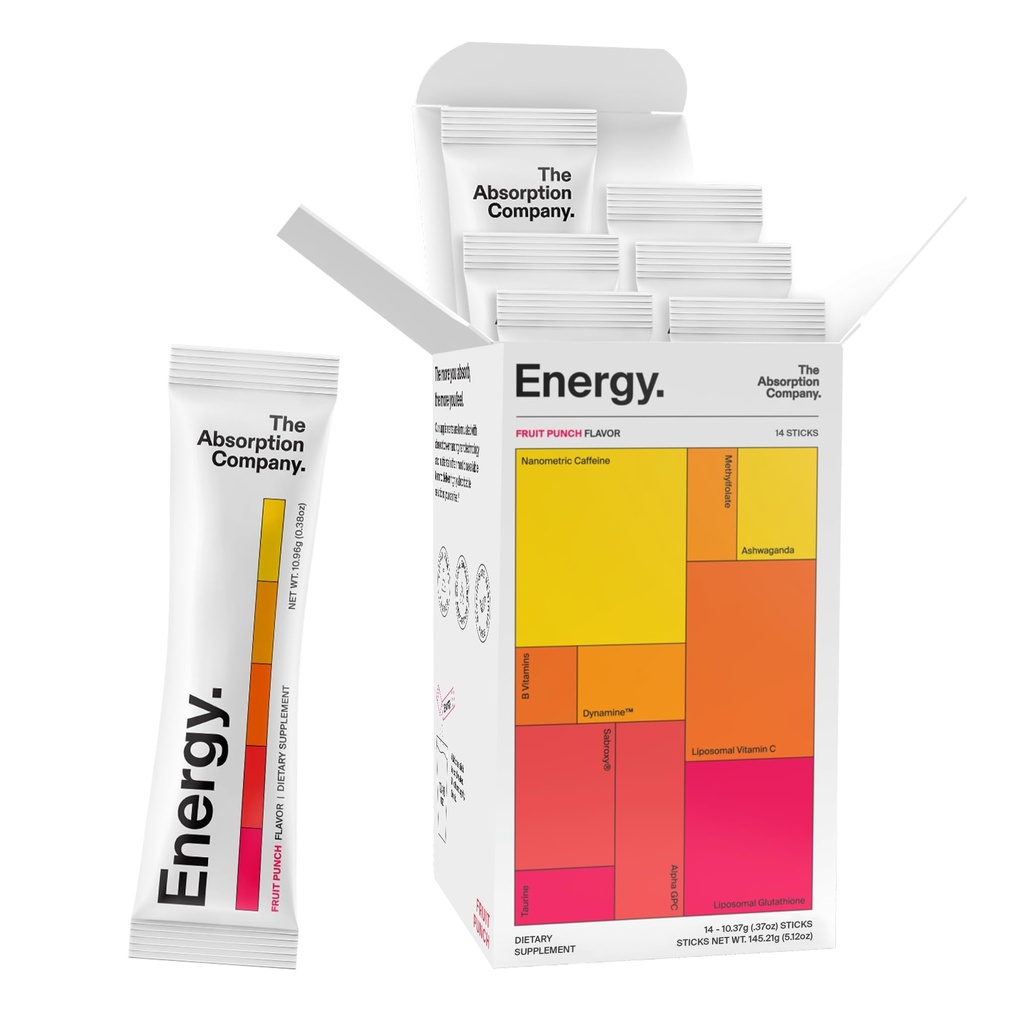 The Absorption Company Energy Drink Powder Mix Packets - Clean Energy Booster na podporu bdělosti s 150mg přírodní kofein a vitamín C - Ovocný punč Flavor, 14 Sticks