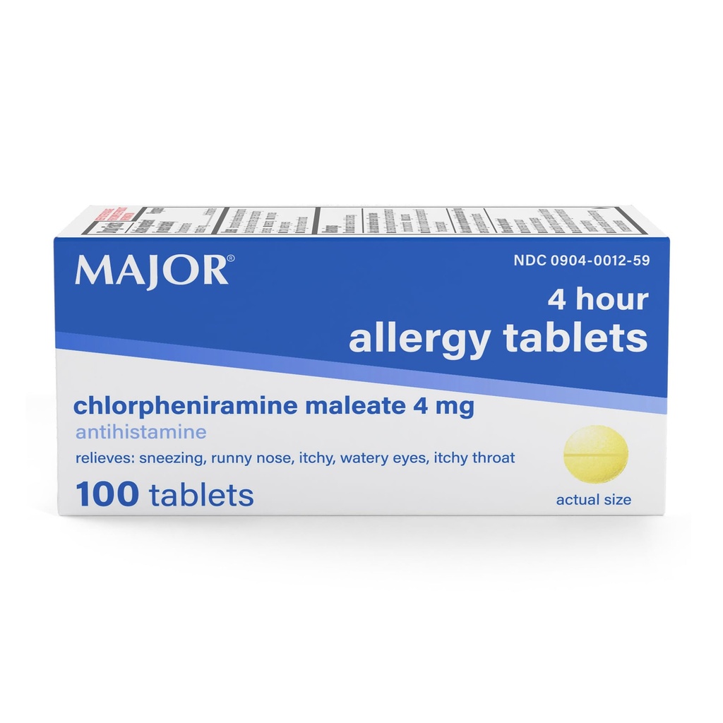 MAJOR 4 Mg Alergie Tablety - Chlorfeniramin Maleate 4- hodinová alergická medicína - Antihistamin pro úlevu od kýchání, Itchy Watery Eyes, Itchy Throat a Runny Nose - 100 Počet (1 balení)