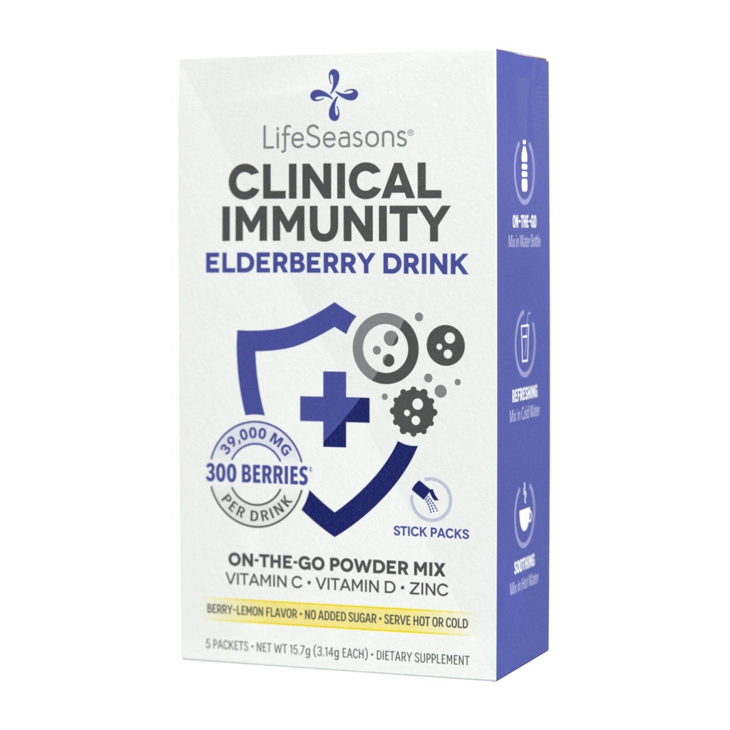 LifeSeasons Clinical Imunity - Elderberry Drink Mix - Chrání a bojuje za zdravou imunitní odpověď - Imunity Booster - 3X Lepší než vitamin C - Serve Hot or Cold - Vitamin C + D + Zinek - (5 Pack)