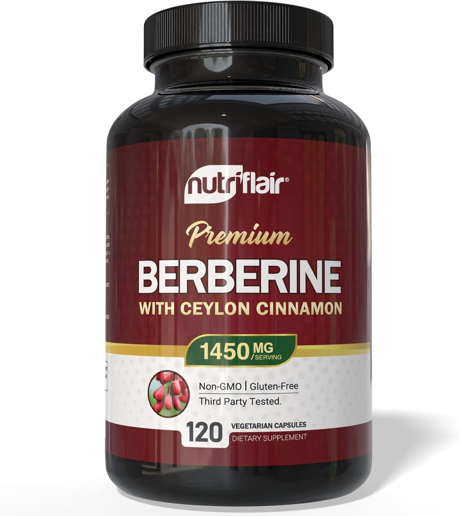 NutriFlair Berberine s Ceylon Skořice 1450mg Dodatek - 120 Kapsle 124; High Potency Formule s Berberine HCl & Organic Ceylon Skořice 124; Non- GMO, Vegan, Gluten- Free
