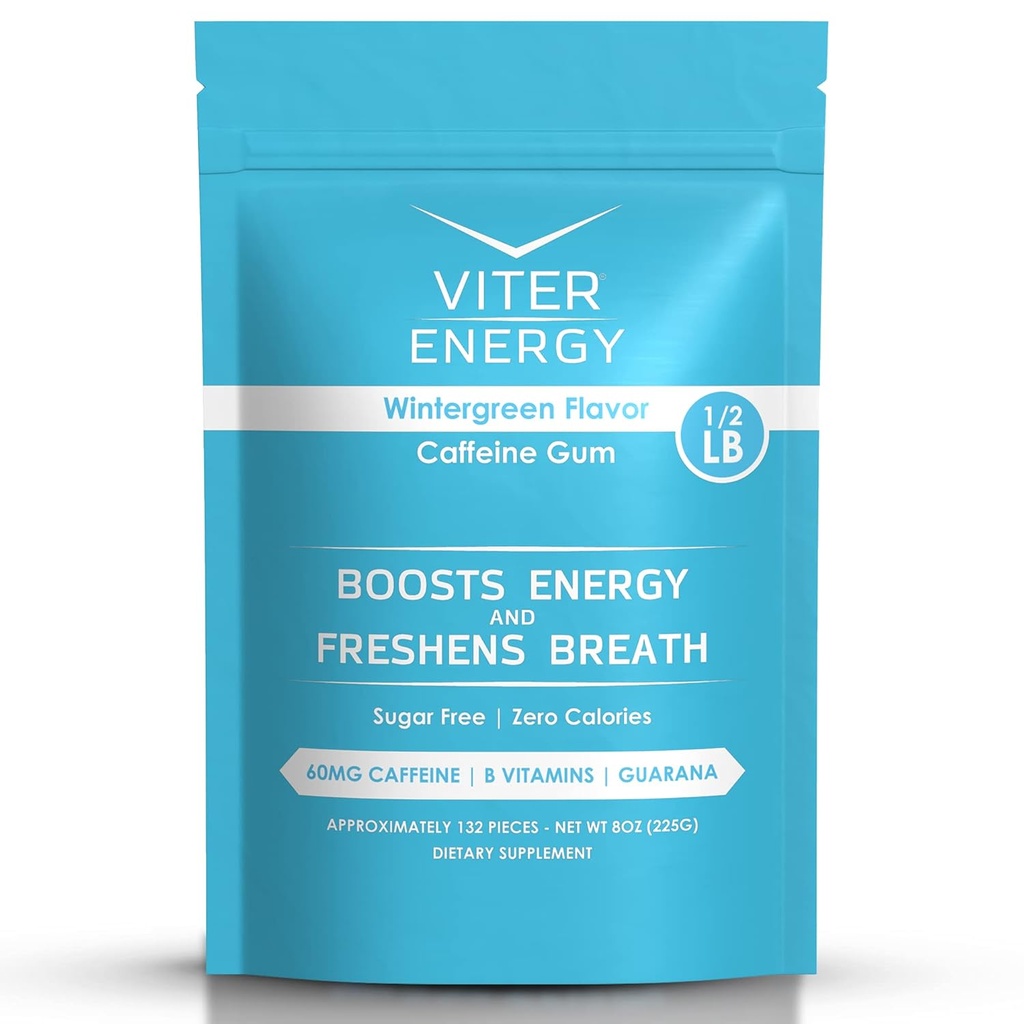Viter Energy Caffeined Gum 60mg Caffeine, B Vitamíny, Guarana, Sugar Free. (Wintergreen, 8oz, Bulk Bag)