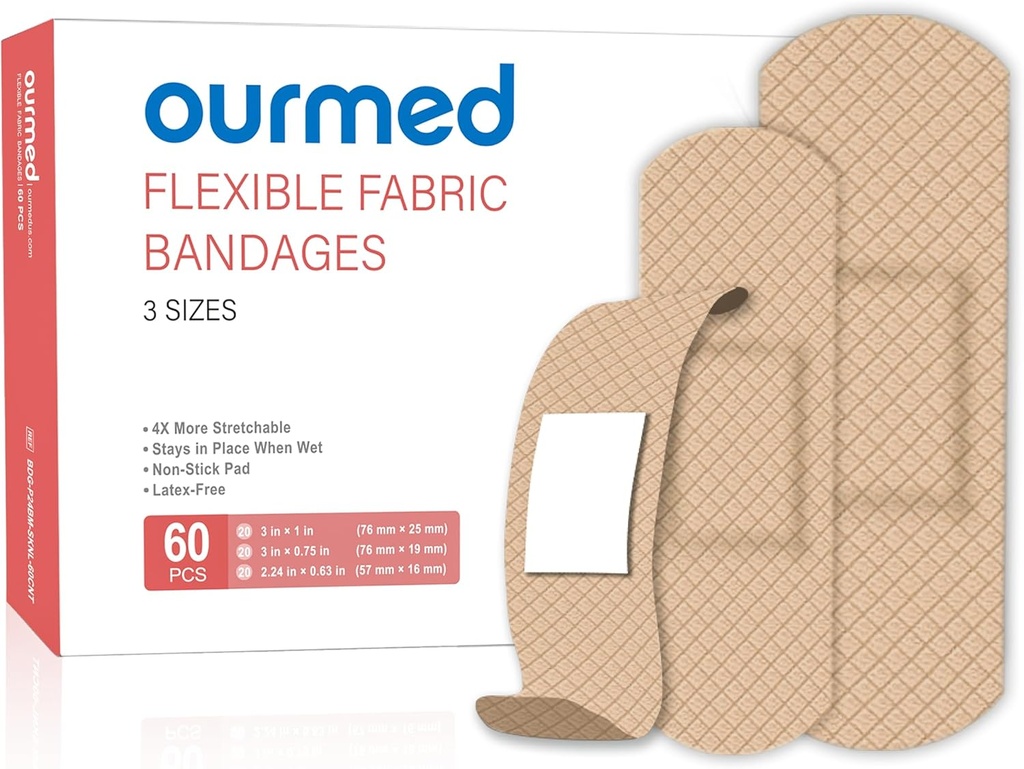 Flexibilní Fabric Adhesive Obvazy, 60 Počet, Latex Free First Aid Obvaz s non-Stick Pad pro Wound Care, Kusy, Škrábance, Blistry, Tříděné velikosti