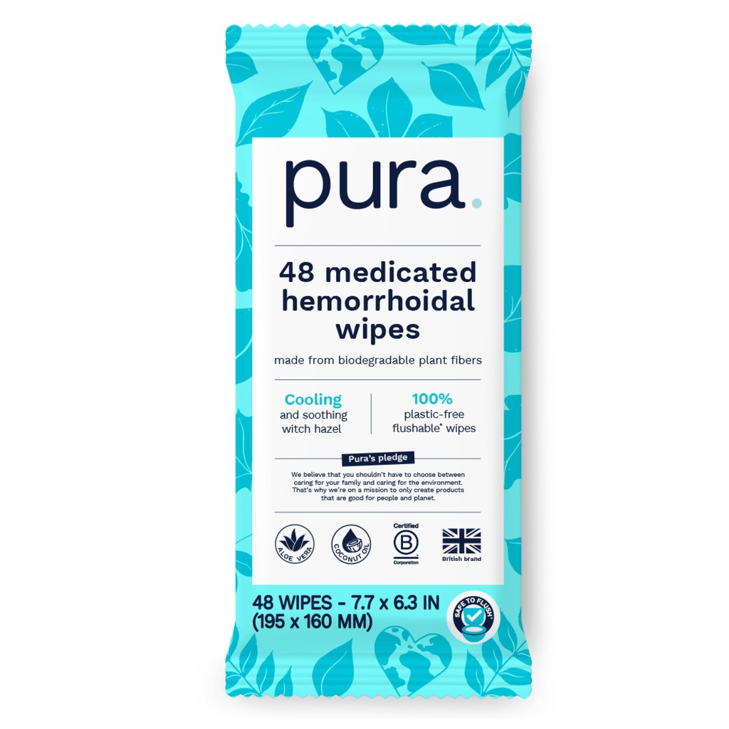 Pura Flusable Hemoroid Wipes XL, 48 Počet, Medicated with Cooling Witch Hazel, Aloe & Coconut Oil, Fast Relief, Fragrance-Free, 100% Plastic-Free