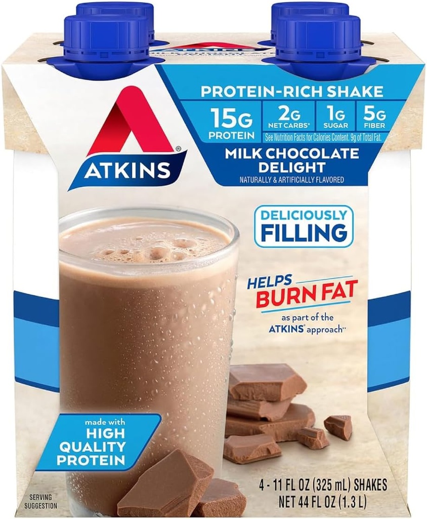 Atkins Milk Chocolate Delight Protein Shake, 15g Protein, Nízký glycemický, 2g Net Carb, 1g Cukr, Keto Friendly, 4 Počet