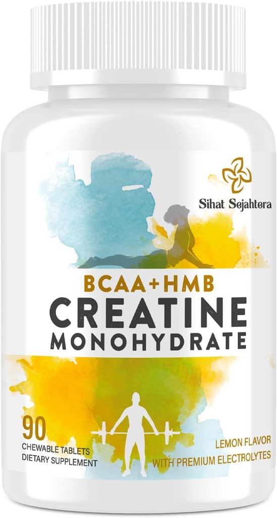 8- in-1 Creatin Monohydrát s BCAA & HMB, 5000 mg pro muže a ženy, Creatine Chews for Muscle, Recovery, Endurance & Strength, High Absorpce, Lemon Flavor, Sugar- free, 90 Tablet