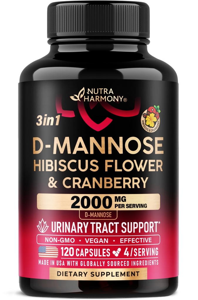 D-Mannose 2000mg s Cranberry & Hibiscus - Klinicky testovaná síla pro močové trakt zdraví - dodatek pro ženy - močová měchýř, Podpora jater a mikroflóry - Made in USA - Vegan, 120 Kapsle