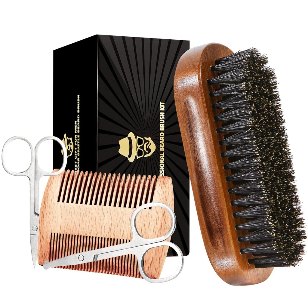 Sozon Boar Bristle Beard grooming set pro muže - obdélníkový kartáč, Comb, 2 Nůžky na kníry, cestovní taška