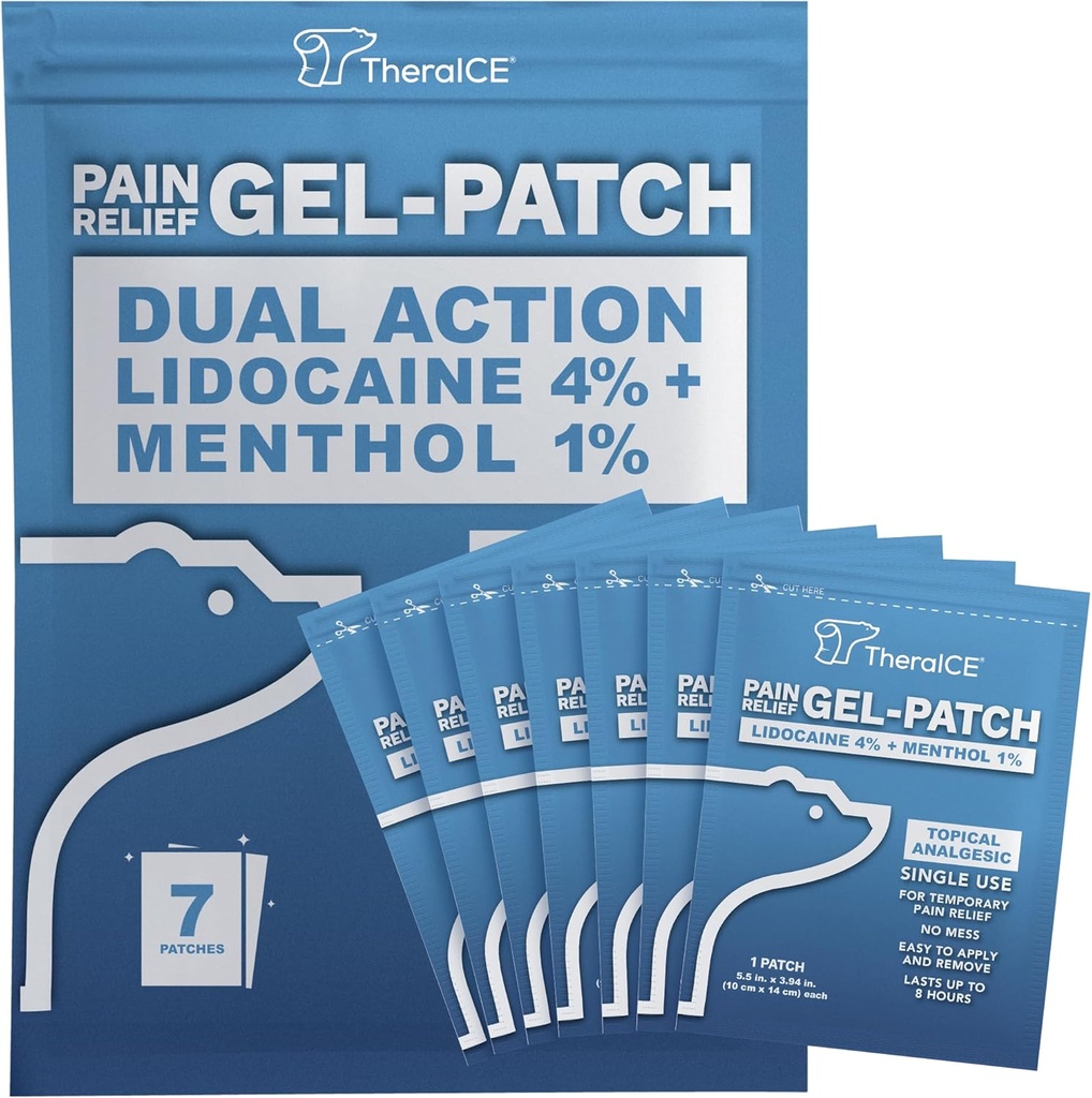 TheraICE Lidokain Patches Plus Menthol - Maximální síla Hot & ICY studená pomoc pro záda, krk a rameno bolest - 4% Lidokain + 1% Menthol, velká velikost (7 Počet)