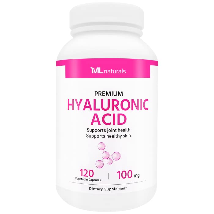 ML Naturals Premium Hyaluronic Acid 100 mg 120 Zeleninové kapsle, Jeden den (4 měsíce dodávky), Premium Quality, NSF- Certified & cGMP- Compliant.