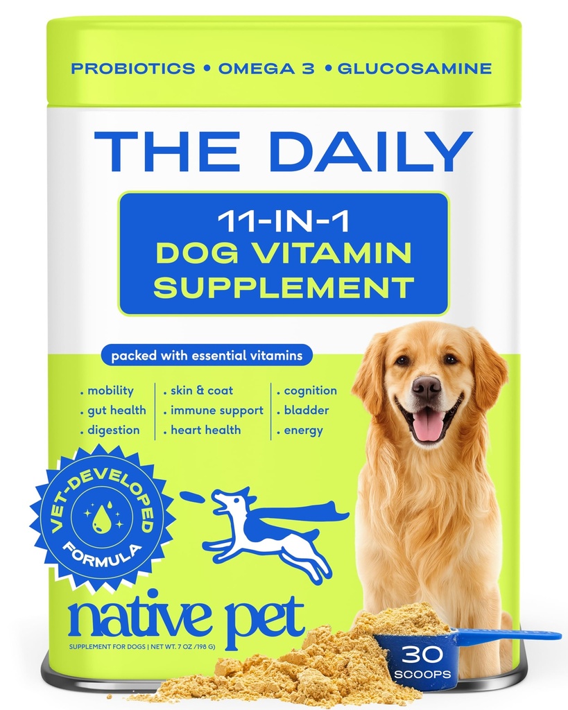 Native Pet Dog Vitamíny a doplňky - 11- in-1 Multivitamin prášek pro psy Food Topper - Kolagen, Glucosamine, Probiotika, Omega & More - Podporuje zdravé Gut, Mobilita & Celkově zdraví -30 Kopule