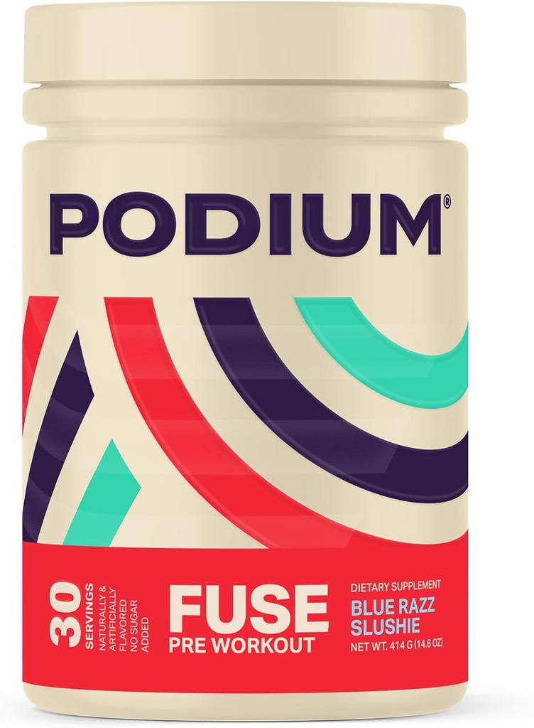 Nutriční pódium, Fuse Pre Workout Powder, Blue Razz Slushie, 30 Servings, Beta Alanin a kofein pro energii, gluten Free, Soy Free, Dairy Free
