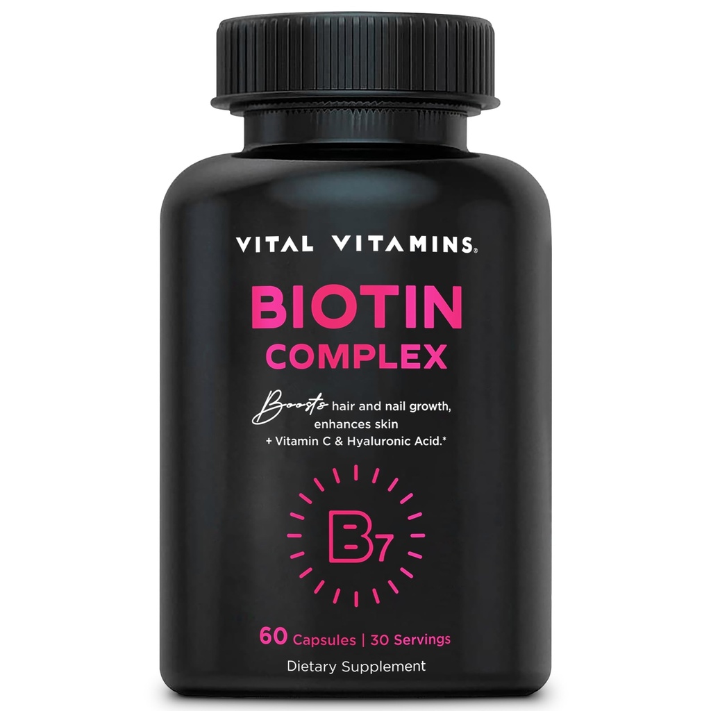 Vitální vitamíny Biotin Complex pilulky - s Hyaluronic acid, MSM, kolagen, a vitamín C - dodatek pro vlasy, kůže, nehty - 60 Kapsle