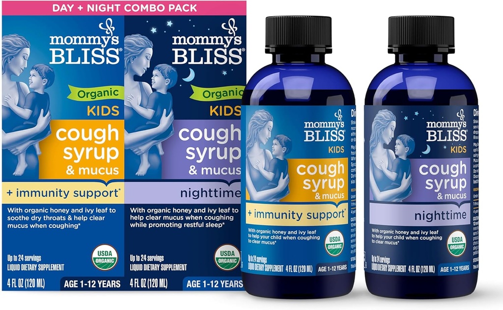 Mamina je Bliss Organic Cough Syrup & Mucus for Kids, Day and Night Combo Pack with Vitamin C and Imunity Support, Obsahuje organický med a Ivy Leaf, 4 Fl Oz (Pack of 2)