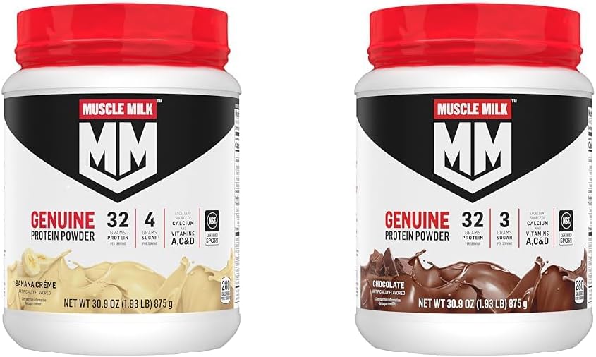Muscle Milk Genuine Protein Powder Bundle, Banana Crème 1.93 Pounds 12 Servings 32g Protein a Chocolate 1.93 Pounds 12 Servings 32g Protein
