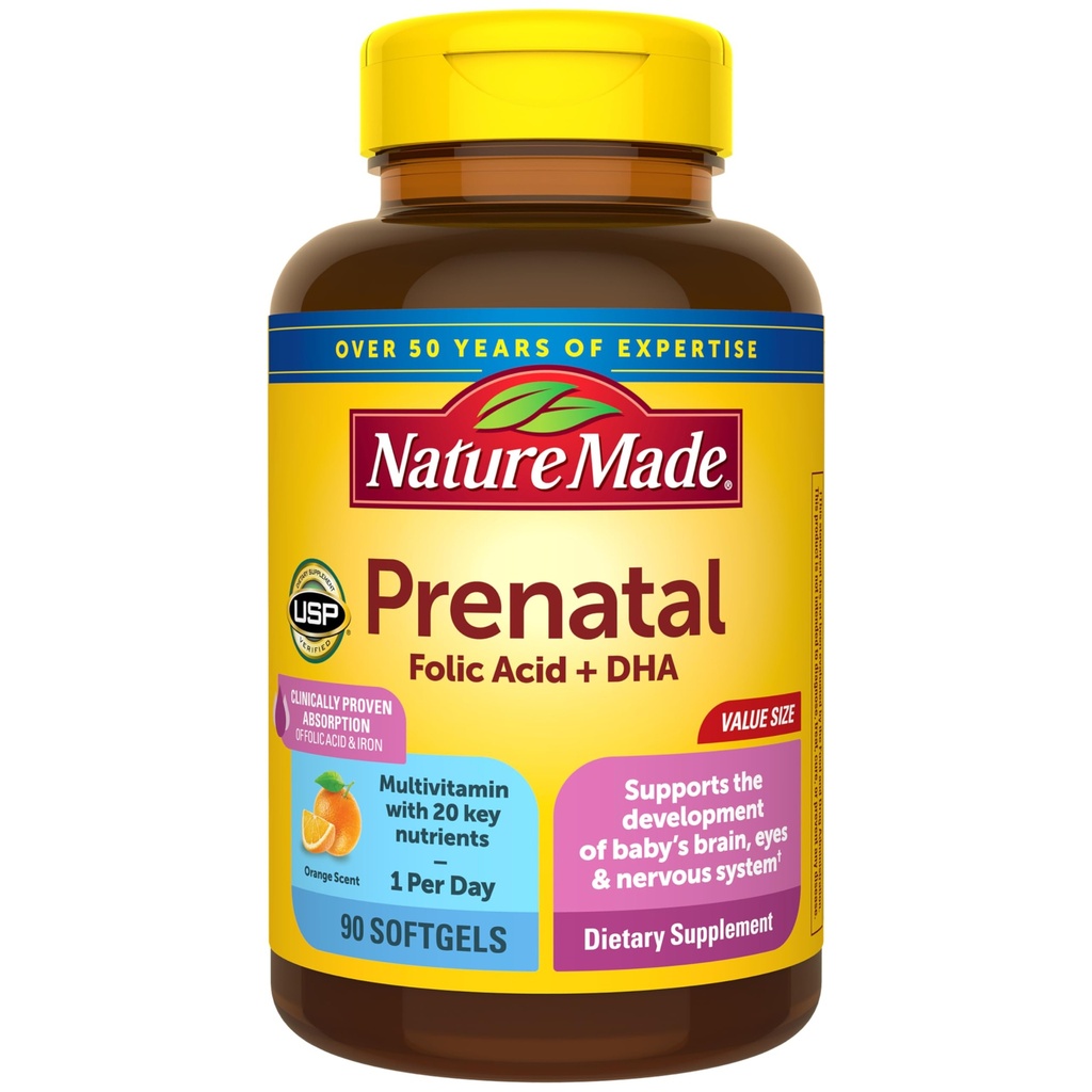 Přírodní Prenatal s kyselinou listovou + DHA, Prenatální vitamín a minerální doplněk pro denní výživovou podporu, 90 Softgels, 90 denní dodávky