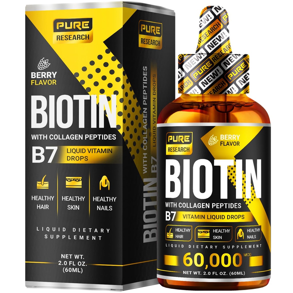 Liquid Biotin & kolagen růst vlasů Kapky 60,000mcg - Biotin a tekutý kolagen dodatek pro muže a ženy - Žhnoucí kožní podpora, Zdravé vlasy a nehty růst - 2oz