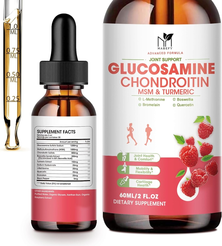 Glucosamine Chondroitin MSM Liquid Drops-w / Turmeric Boswellia Quercetin Bromelain- Vegan, Antioxidant Podpora zad, Knee, Hands-Joint Supplement Podpora podporuje zdravé spojky, mobilita a chrupavky