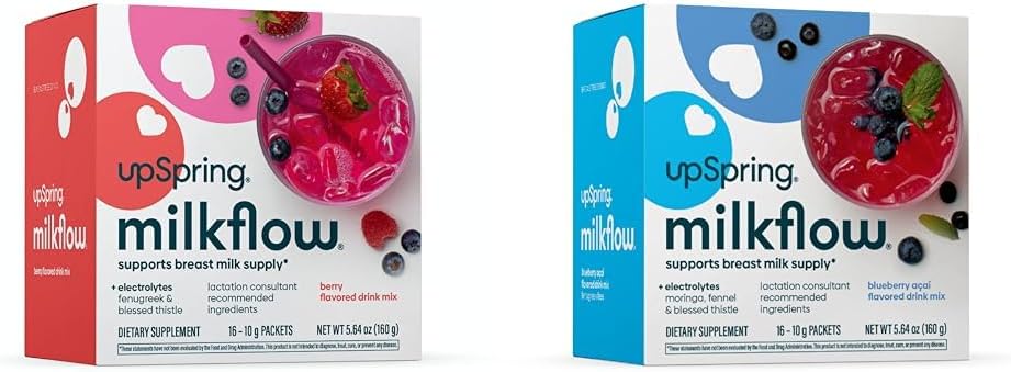 UpSpring Milkflow Electrolyte Kojení Supplement Drink Mixes with Fenugreek & Moringa CLANE124; Berry & Blueberry Acai Flavors CLANE124; Kojení doplňky na podporu zásobování prsu mlékem *