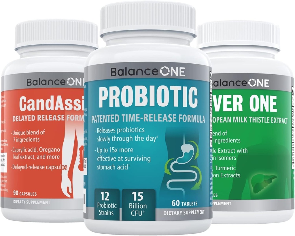 Balance ONE 3- in-1 Bundle CLAS124; Probiotický, Candassist, Játra One CLAS124; 15 Miliardy CFU Probiotický CLAS124; Přírodní čistota s kyselinou Capyl CLAS124; Podpora jater s mléčným thistle