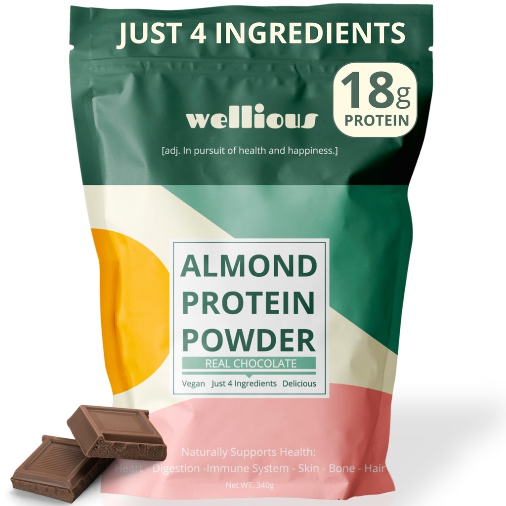 wellious mandlový protein prášek (čokoláda) - 18 Grams of Pure Healthiest Vegan Protein for Women & Men - Perfect gluten- Free, Soy- Free & Smooth Gut Friendly Protein Powder for Sports Nutrition