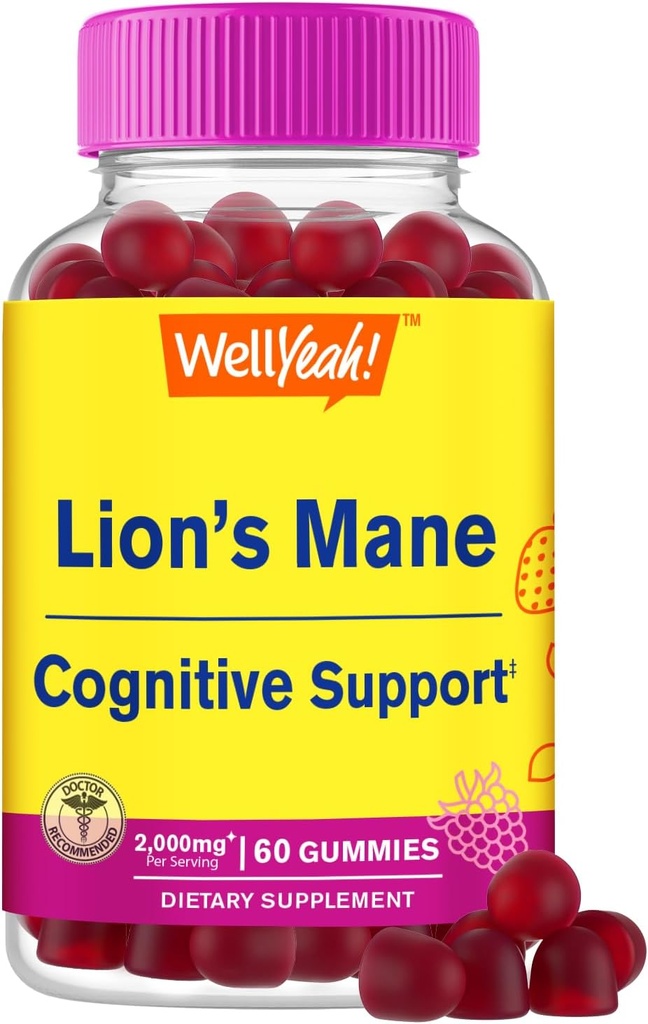 WellYeah Lions Mane Gummies pro dospělé (2,000mg) 124; Lions Mane Supplement Paměť a Focuse Support 124; Gluten Free, Non GMO Gum124; Berry Flavor 124; Lví hříva Gummies 60 Počet
