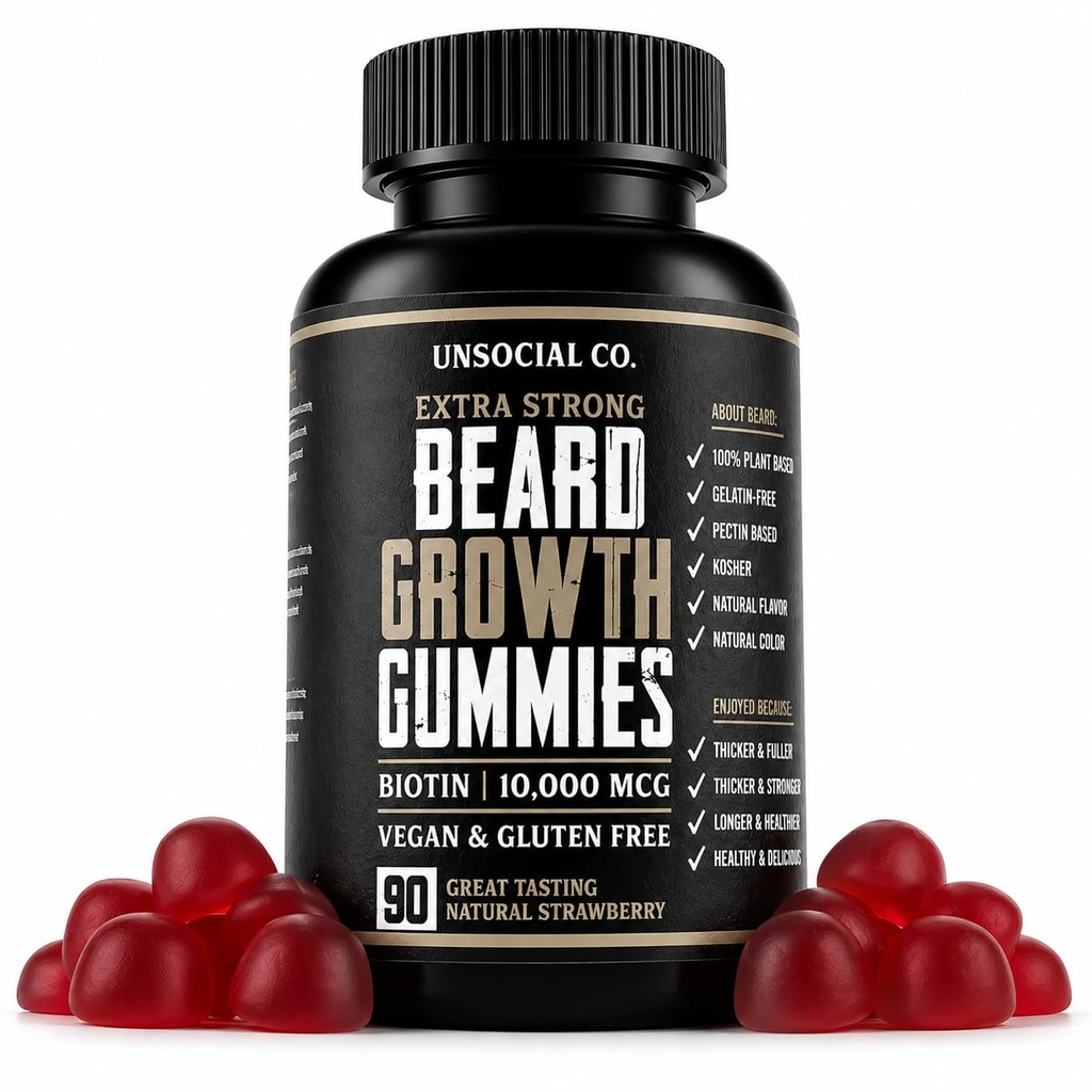 Nesociální Co. Extra silné vousy růst Vitamíny Gummies 124; Biotin 10000 MCG 124; Promotes Strong & Thick Facial Hair Growth pro muže