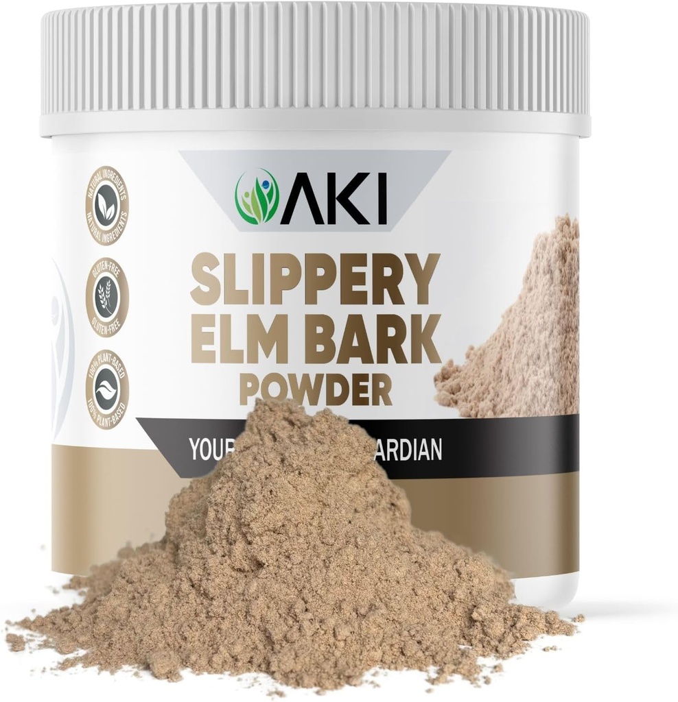 AKI Slippery Elm Bark Powder - Plant- Based Protein, Soothing Remedy for Digestive Wellness & throat Comfort - Vegan- Friendly, Gluten- Free, Non- GMO & Free from umělé přísady (4oz / 113g)