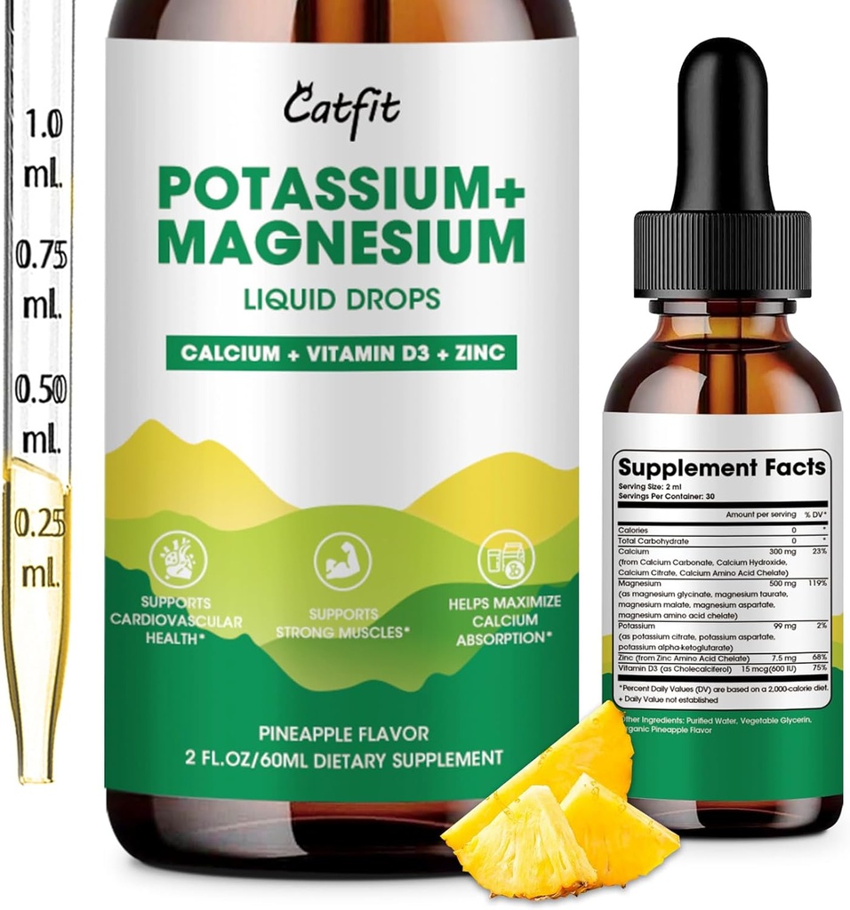 Draslík Magnesium Glycinát Doplněk - vysoká absorpce Magnesium Komplexní kapalná kapka s vápníkem, draslík, vitamin D3 & zinek pro spánek, křeče nohou, svaly a energie, cukr zdarma & Vegan 2 Fl Oz