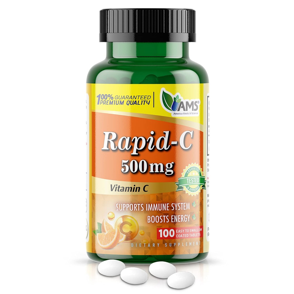 America Medic & Science Rapid-C 500mg vitamin C dodatek (1 balení 100 tablet) Energy Booster, Denní imunitní systém Podpora, Antioxidant current 124; Vegan, Non- GMO potažená kyselina askorbic pro dospělé muže a ženy