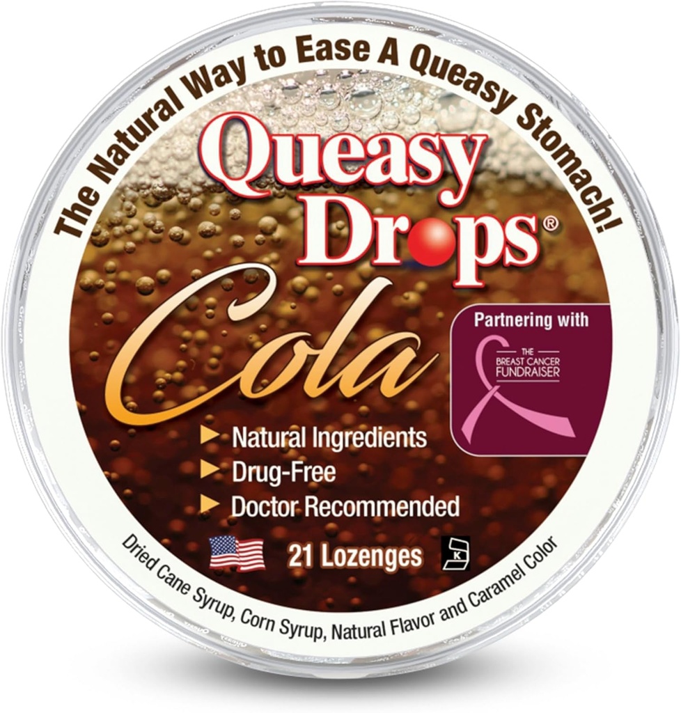 Tři Lollies Queasy Kapky - Cola Flavor - Úleva od Nausea & Travel Nemoci, Zklidňuje sucho v ústech & usadí Žaludek - Přírodní přísady - 21 ct
