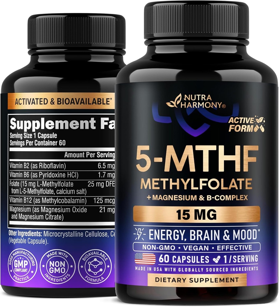 NUTRAHARMONY L Methylfolát 15 mg - 5-MTHF Metylfolát dodatek Plus methyl B12, vitaminy B2 & B6, hořčík - Vyrobeno v USA, 60 Kapsle pro 2 měsíce