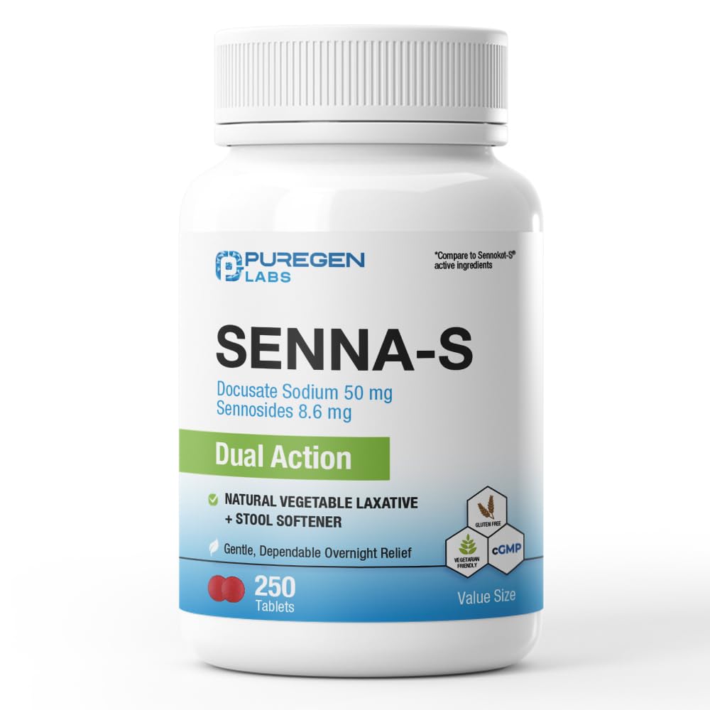Puregen Labs Senna-S Přírodní zelenina Laxative Plus Stool Softener Dual Action - 250 Tablety Senna Plus Dual 124; Gentle Dependable Overnight Relief of Occasional Constoration