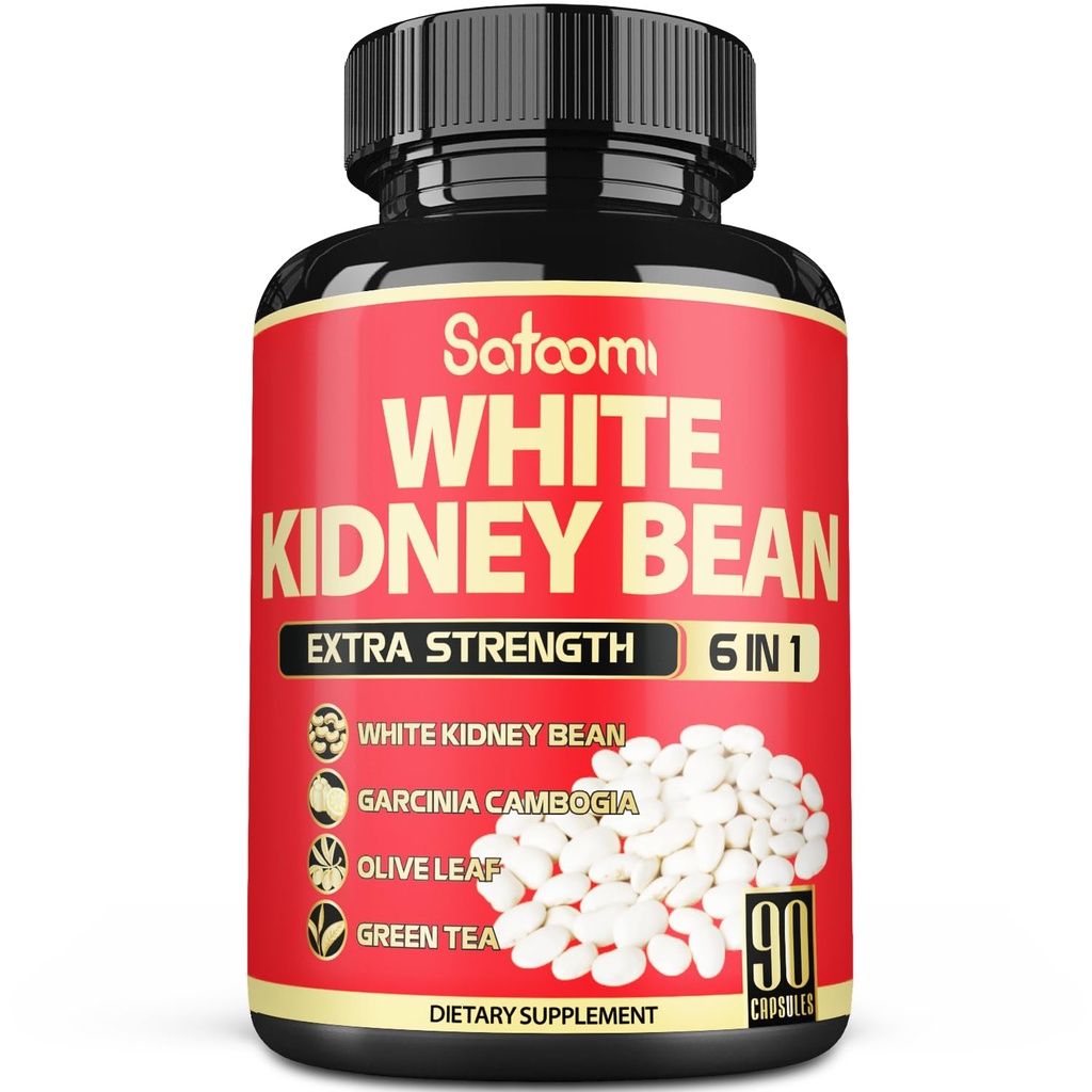 Satoomi 6 v 1 White Kidney Bean Extract Kapsle -90 Kapsle -3 Měsíční dodávky - Extra Blend s Olive Leaf, Green Coffee Bean & Green Tea - Podpora Carb Scale Down