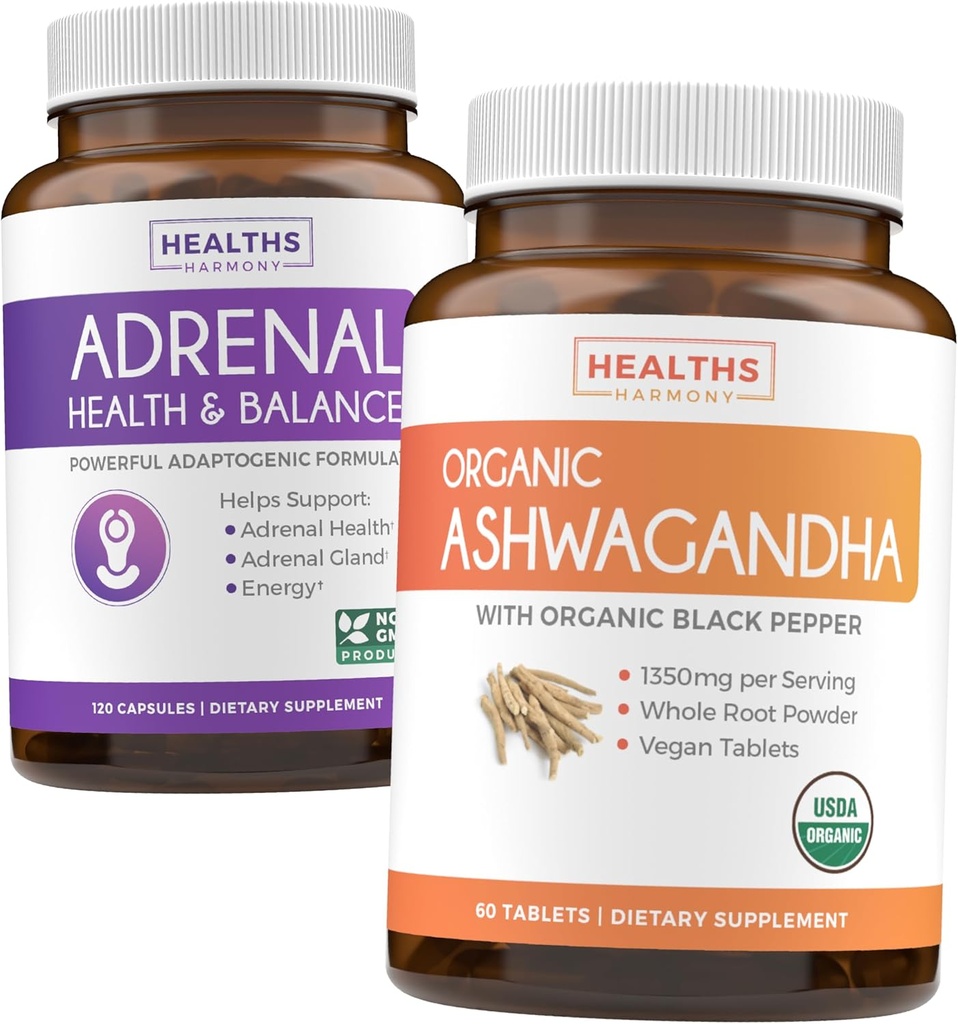 Adrenal & Ashwagandha (1- Month Supply) Calm & Energize Bundle - Adrenal Support with L- Tyrosin (120 Kapsle) & USDA Organic Ashwagandha 1350mg Ashwagandha Root Powder per Serve (60 Kapsle)